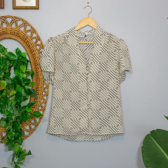 Vtg Josephine Blouse Diagonal Grid Print Puff Sleeve Button Top | Dark Winter - Picture 2 of 7